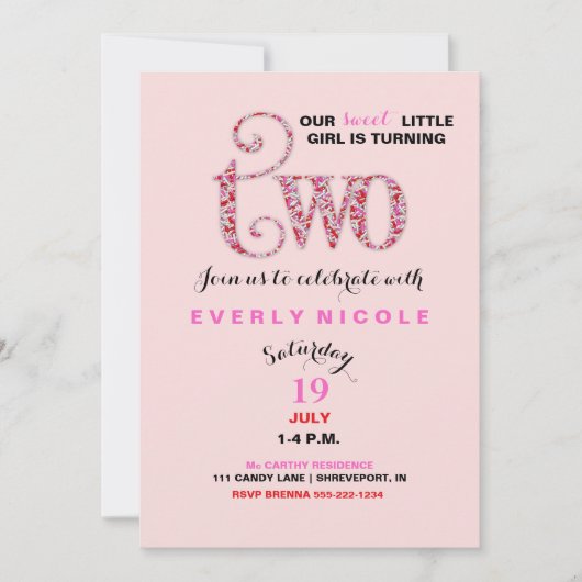 Meisje tweede verjaardag rode roze sprinkles kaart (Voorkant)