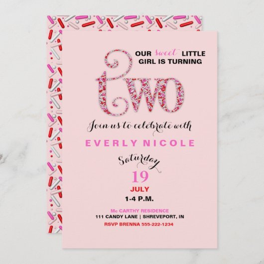 Meisje tweede verjaardag rode roze sprinkles kaart (Voorkant / Achterkant)