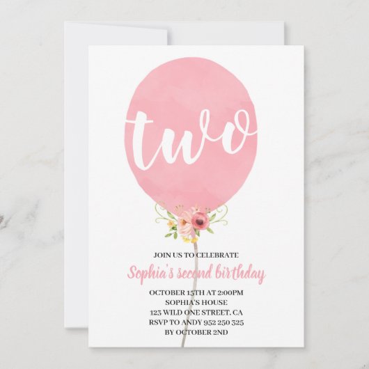 Meisje tweede verjaardag roze ballon kaart (Voorkant)