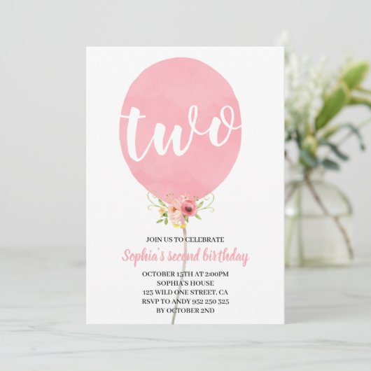 Meisje tweede verjaardag roze ballon kaart (Staand voorkant)