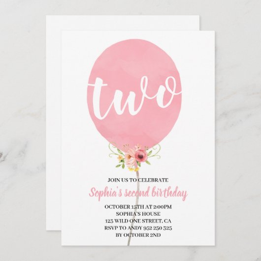 Meisje tweede verjaardag roze ballon kaart (Voorkant / Achterkant)