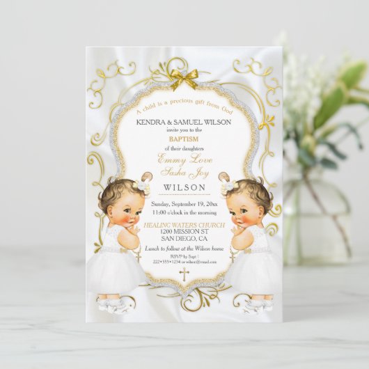 Meisje Tweeling Doop Doop Goud Wit Kruis Kaart (Staand voorkant)