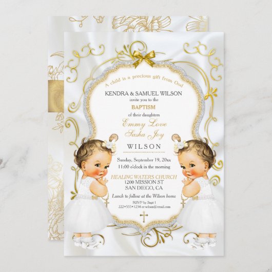 Meisje Tweeling Doop Doop Goud Wit Kruis Kaart (Voorkant / Achterkant)