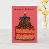 Meisje tweeling op een 1e verjaardag taart kaart (Gele Bloem)