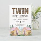 Meisje Twins Rustiek Happy Camper Verjaardag Kaart (Staand voorkant)