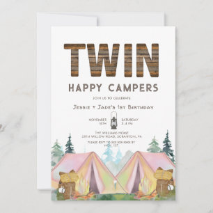Meisje Twins Rustiek Happy Camper Verjaardag Kaart