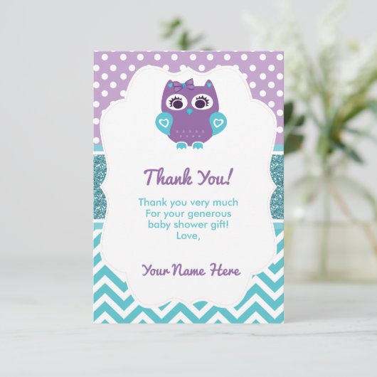 Meisje Uil Dank u kaart Paarse Blauwgroen (Staand voorkant)