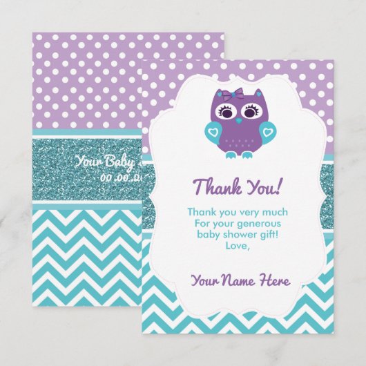 Meisje Uil Dank u kaart Paarse Blauwgroen (Voorkant / Achterkant)