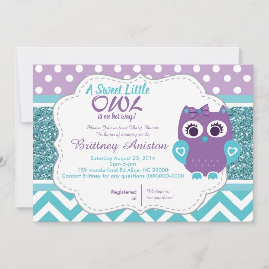 Meisje Uil Paarse Blauwgroen Uitnodiging Kaart (Voorkant)