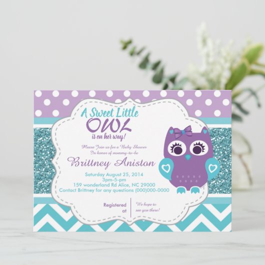 Meisje Uil Paarse Blauwgroen Uitnodiging Kaart (Staand voorkant)