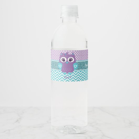 Meisje uil waterfles label baby shower. etiket (Voorkant)