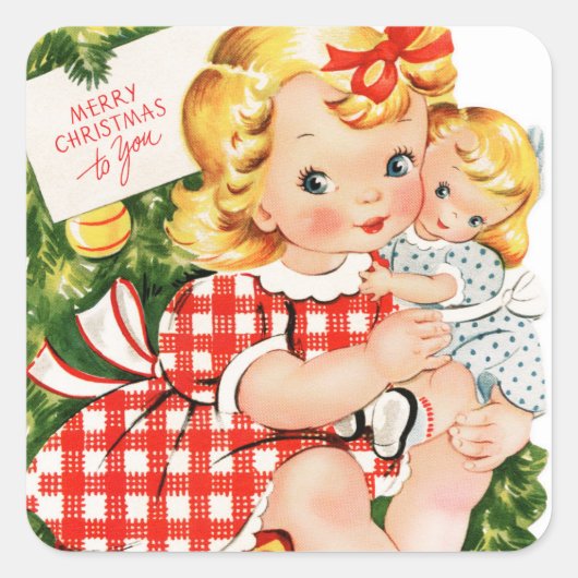 meisje uit 1950 met pop vierkante sticker (Voorkant)