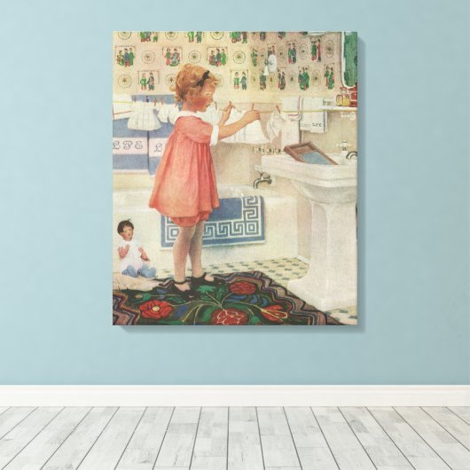Meisje uit grootmoeders tijd, kind doet was ophang canvas afdruk (Insitu (Houten vloer))