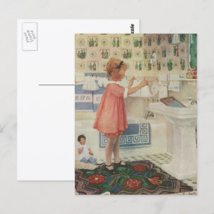 Meisje uit grootmoeders tijd, kind doet wasgoed op briefkaart