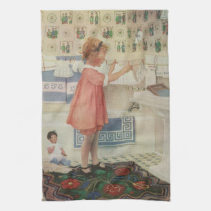 Meisje uit grootmoeders tijd, kind doet wasgoed op theedoek