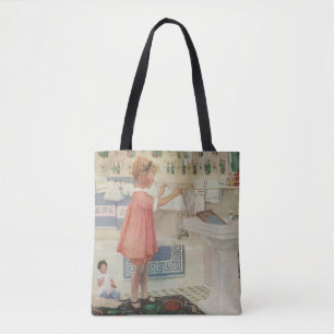 Meisje uit grootmoeders tijd, kind doet wasgoed op tote bag