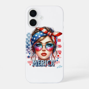 Meisje van Amerika - Retro Patriottische Vlag van iPhone 16 Hoesje