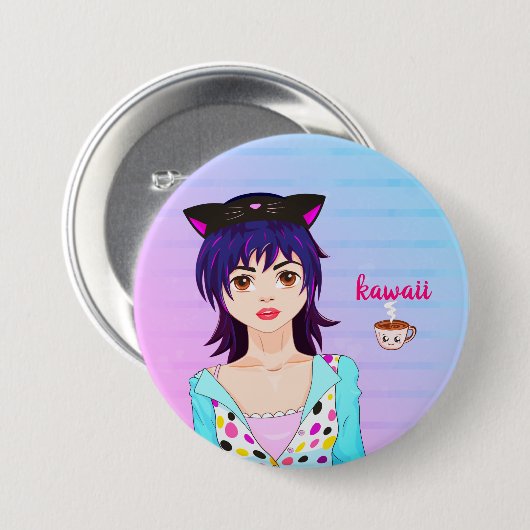  meisje van Anime en koffiebeker van kawaii Ronde Button 7,6 Cm (Voorkant /achterkant)