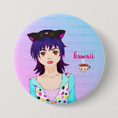  meisje van Anime en koffiebeker van kawaii Ronde Button 7,6 Cm (Voorkant)
