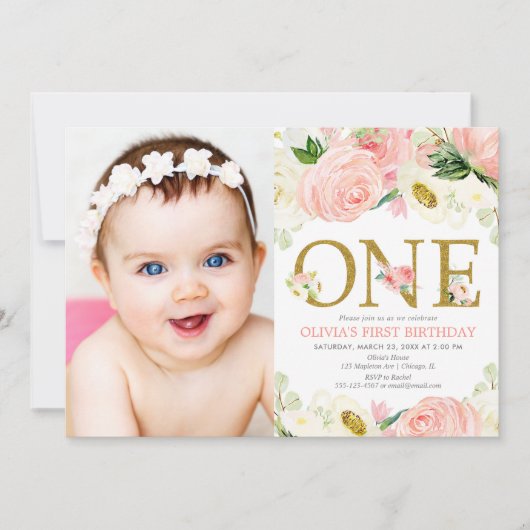 meisje van de eerste verjaardag, lichtroze goudfot kaart (Voorkant)