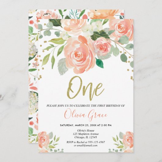 meisje van de eerste verjaardag met perzikkleurig  kaart (Voorkant / Achterkant)