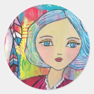 Meisje van gemengde media met blauwe haarsticker ronde sticker