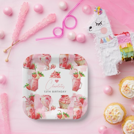 Meisje Verjaardag Aardbei Milkshake gepersonalisee Papieren Bordje (Feest)