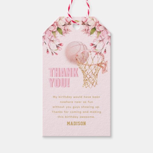 Meisje verjaardag basketbal roze goud cadeaulabel (Voorkant)