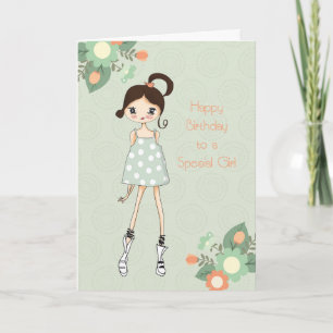 Meisje Verjaardag, Brunette, Sage Green Floral Kaart