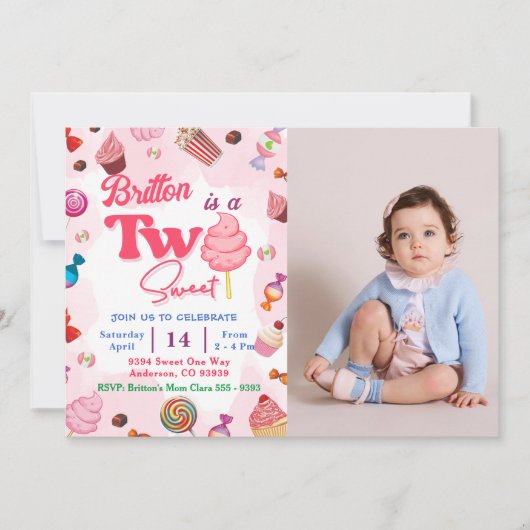 Meisje Verjaardag Snoep Twee Sweet Party Kaart (Voorkant)