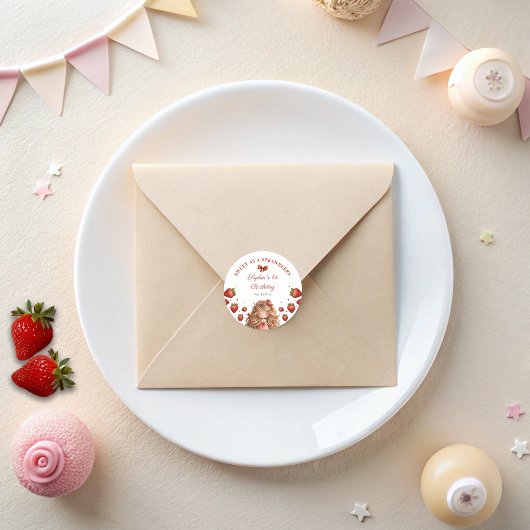 Meisje Verjaardag Waterverf Aardbei Red Ribbon Ronde Sticker