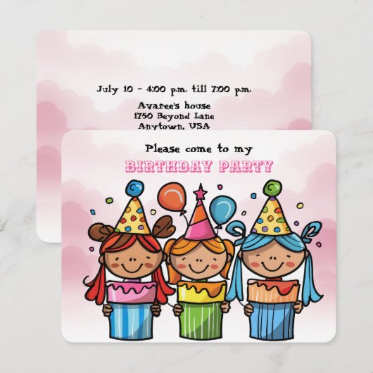 Meisje Verjaardagsfeest Flat Holiday Kaart (Voorkant / Achterkant)