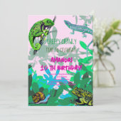 Meisje verjaardagsfeestkameleon, hagedis, kikker kaart (Staand voorkant)