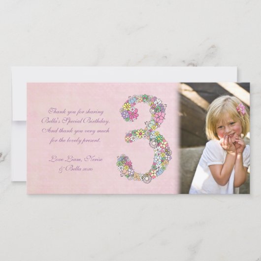 Meisje verjaardagskaart bedankt foto 3 jaar (Voorkant)