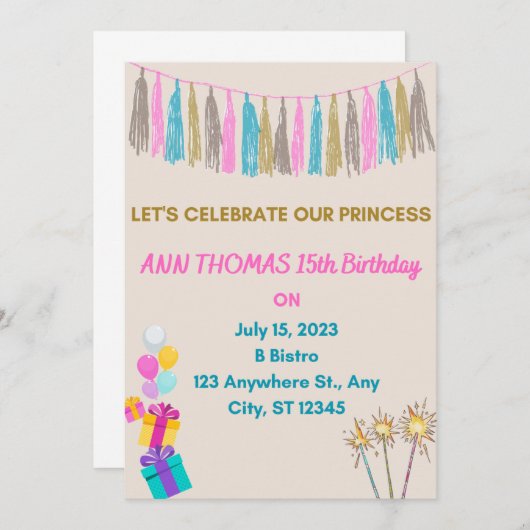 Meisje verjaardagsuitnodiging kaart (Voorkant / Achterkant)