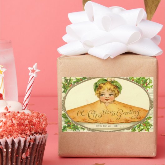 meisje verrassing pop omhoog in kersttaart rechthoekige sticker (Feest)