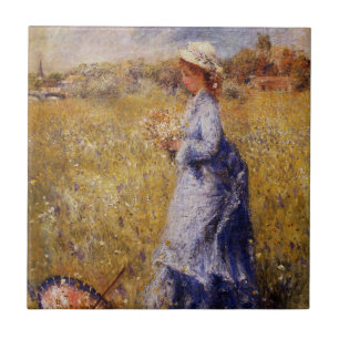 Meisje verzamelt bloemen door Renoir Tegeltje
