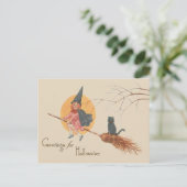 Meisje vliegende heks zwarte kat volle maan briefkaart (Staand voorkant)