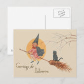 Meisje vliegende heks zwarte kat volle maan briefkaart (Voorkant / Achterkant)