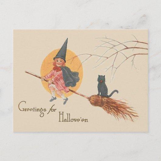 Meisje vliegende heks zwarte kat volle maan briefkaart (Voorkant)