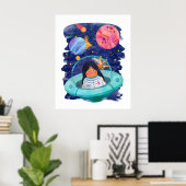 Meisje Vliegende Schotel Astronaut Buitenruimte Pl Poster (Thuiskantoor)