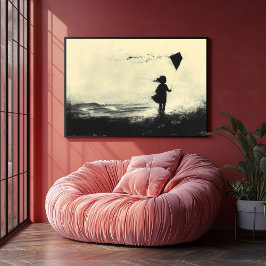 Meisje vlieger op de kust bij schemering - houtsko poster