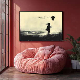 Meisje vlieger op de kust bij schemering - houtsko poster