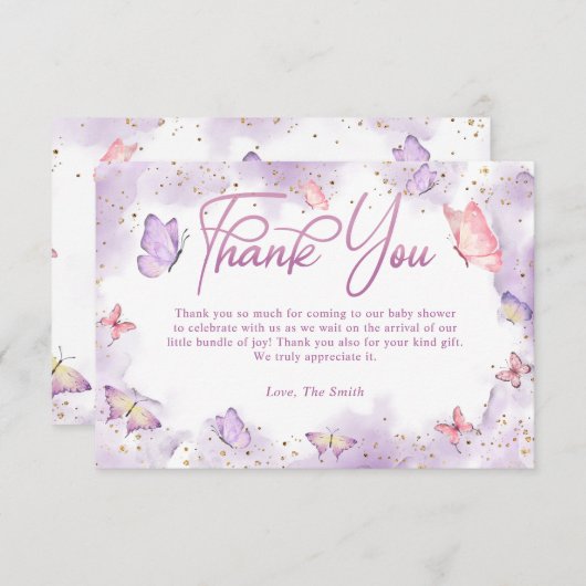 Meisje vlinder Baby shower dank u kaart (Voorkant / Achterkant)