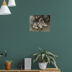 Meisje voeden witte konijnen impressionistische sc poster