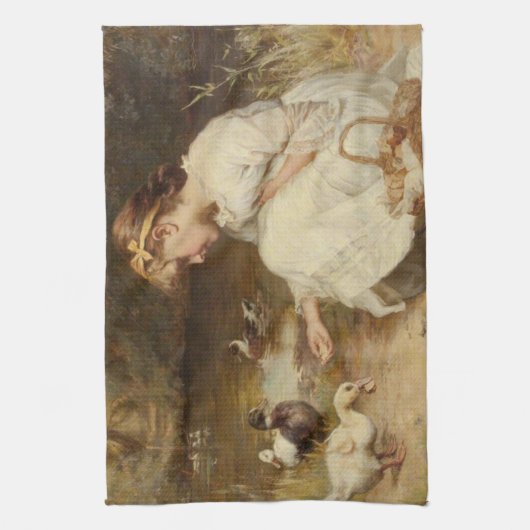 Meisje Voedende Eenden (door Frederick Morgan) Theedoek (Verticaal)