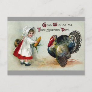 Meisje voedt maïs aan Turkije  Thanksgiving Feestdagenkaart