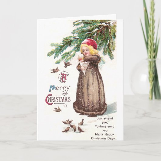 Meisje voedt vogels in de sneeuw feestdagen kaart (Voorkant)