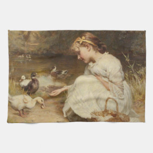 Meisje voert eenden (door Frederick Morgan) Theedoek
