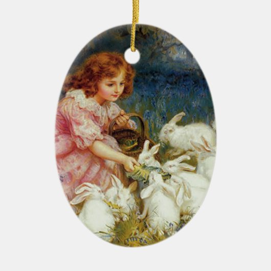 Meisje voert konijnen keramisch ornament (Voorkant)